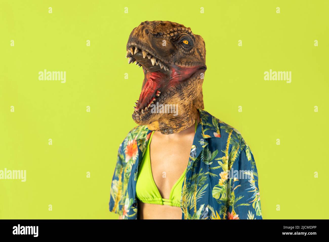 Portrait of funny woman wearing dinosaur head mask in bikini and tropical hawaiian shirt.Crazy surreal people celebration on empty copy space Stock Photo