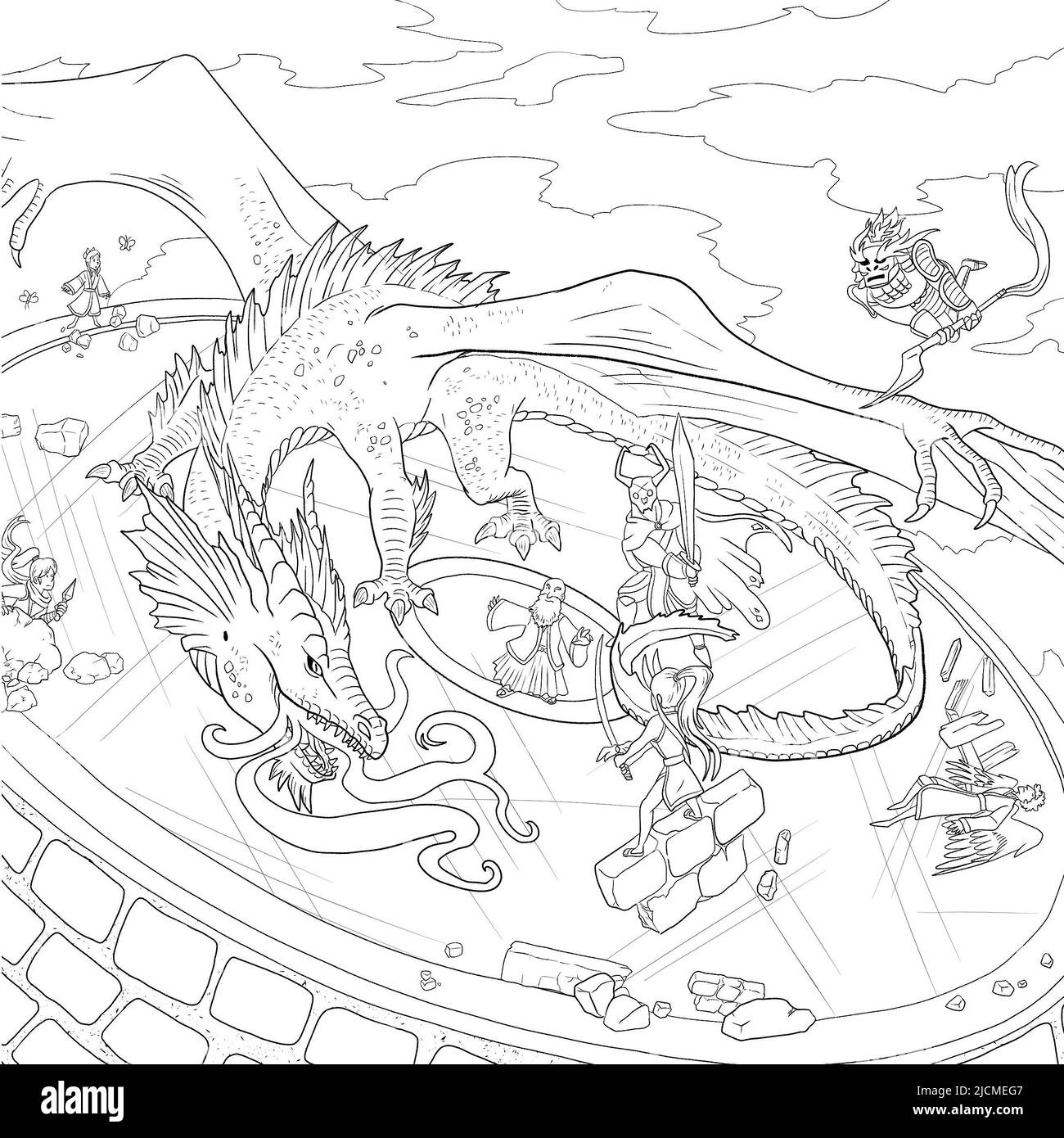 Black and white coloring page ink illustration of a dragon Stock Photo ...