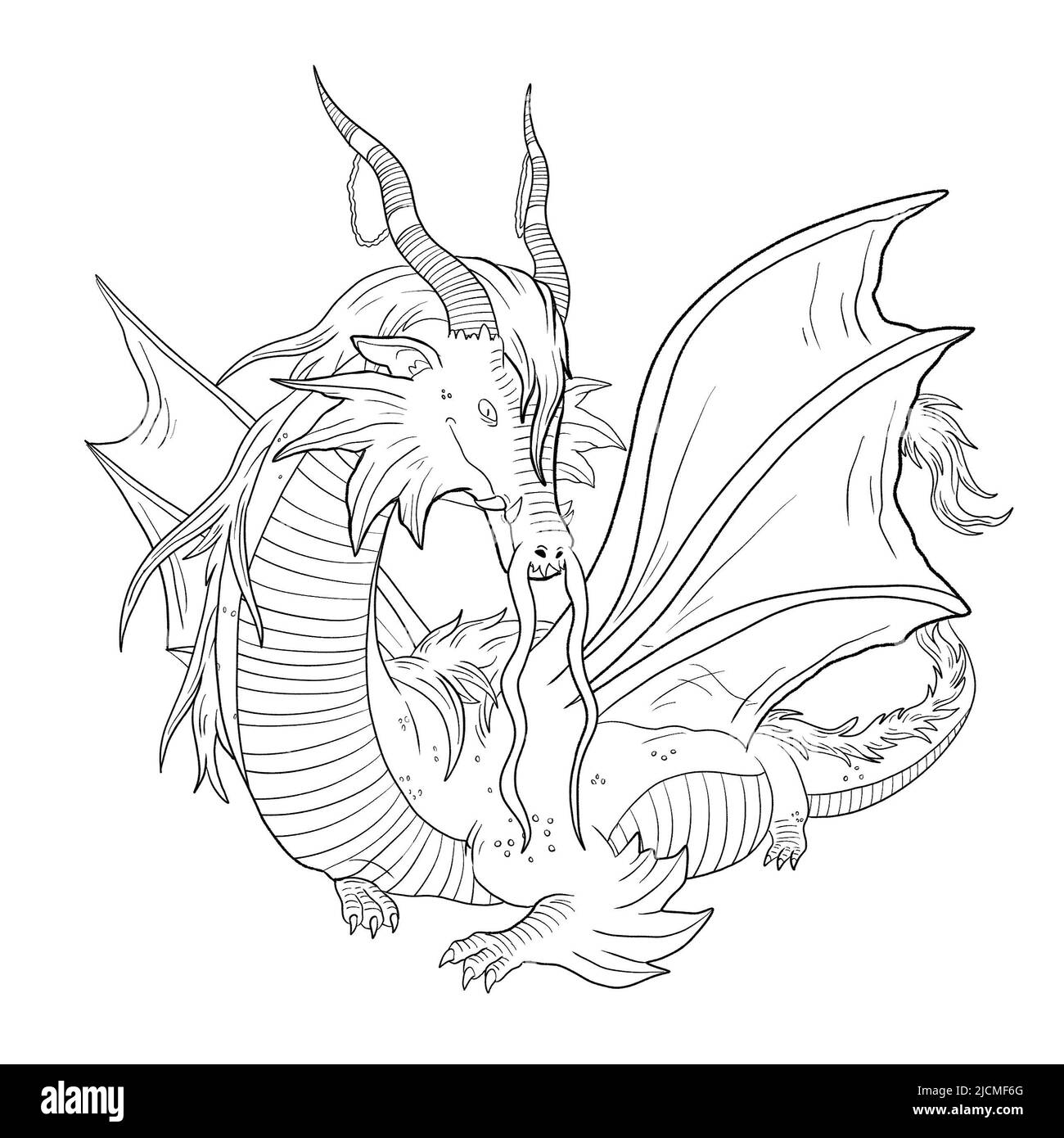 Black and white coloring page ink illustration of a dragon Stock Photo ...