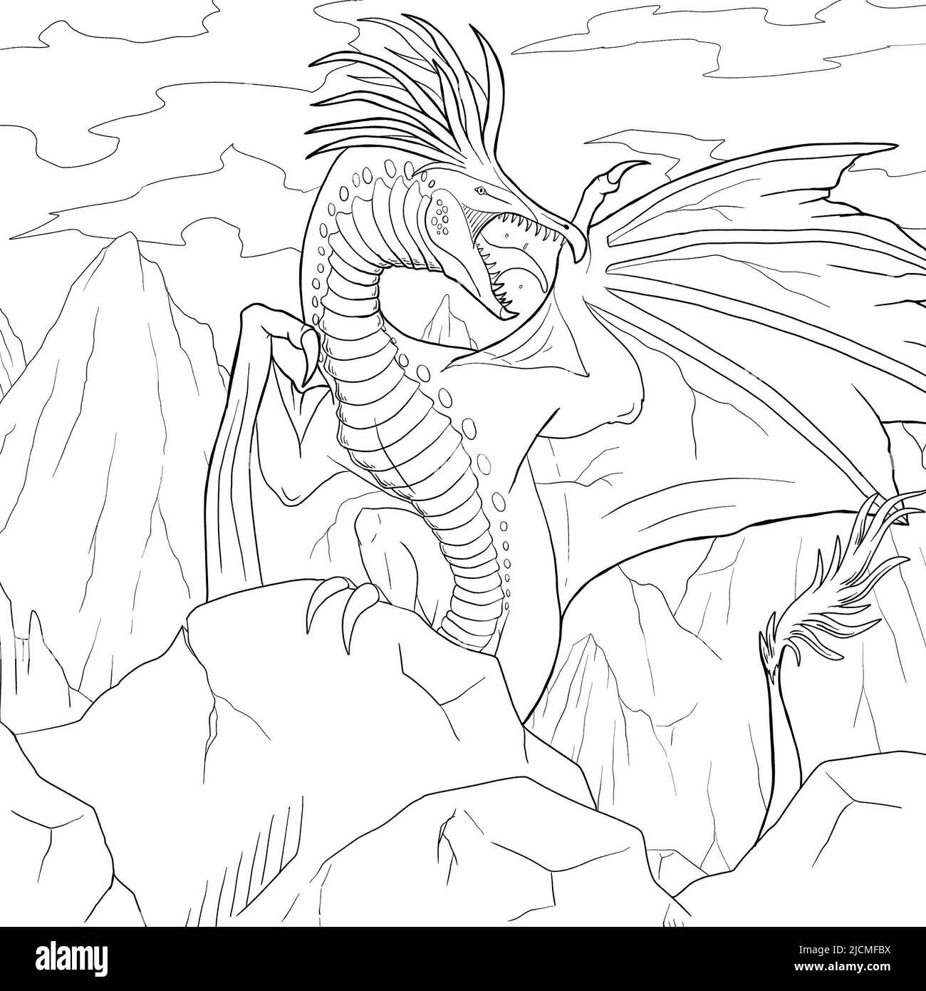 Black and white coloring page ink illustration of a dragon Stock Photo ...