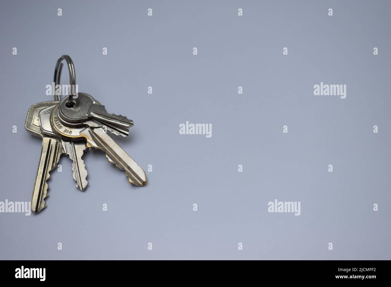 Key ring, different sizes on white paper background, copy space Stock Photo