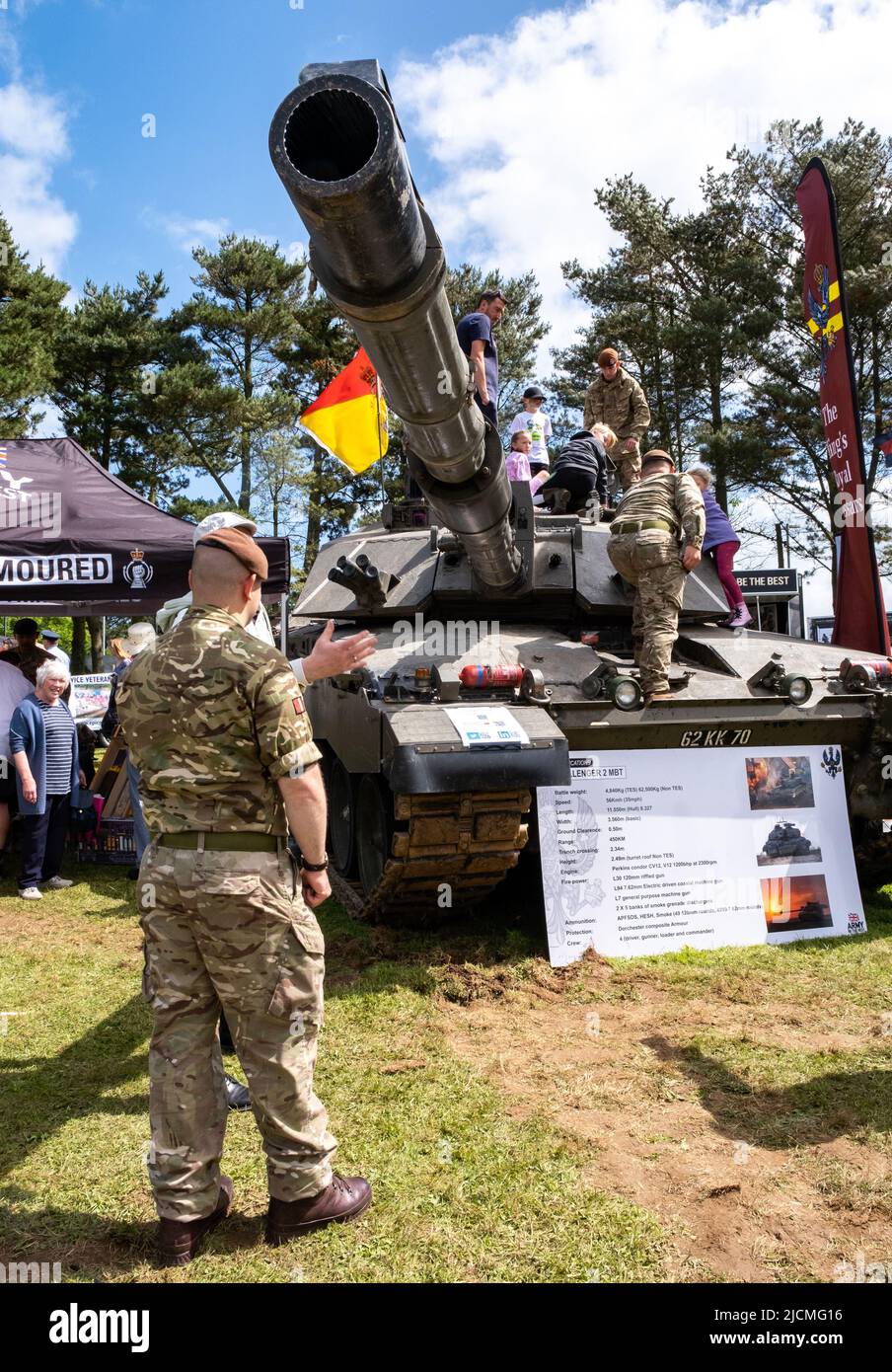 Massive Chieftain tank as part of the Army display at the Royal Cornwall show. Climbed all over by children and adults. Soldiers keeping people safe. Stock Photo