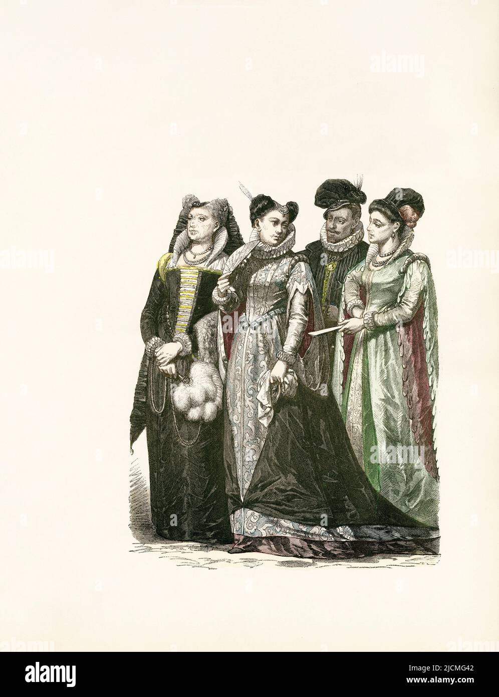 Women and Man from Venice, Milan, Florence, Italy, 1583, Illustration, The History of Costume, Braun & Schneider, Munich, Germany, 1861-1880 Stock Photo