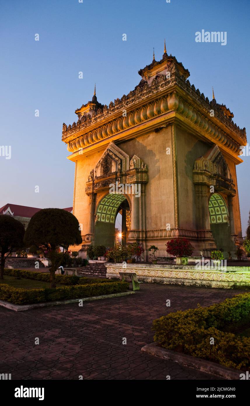 Patuxai (Victory Gate) at dusk. Vientiane, Laos P.D.R. Stock Photo