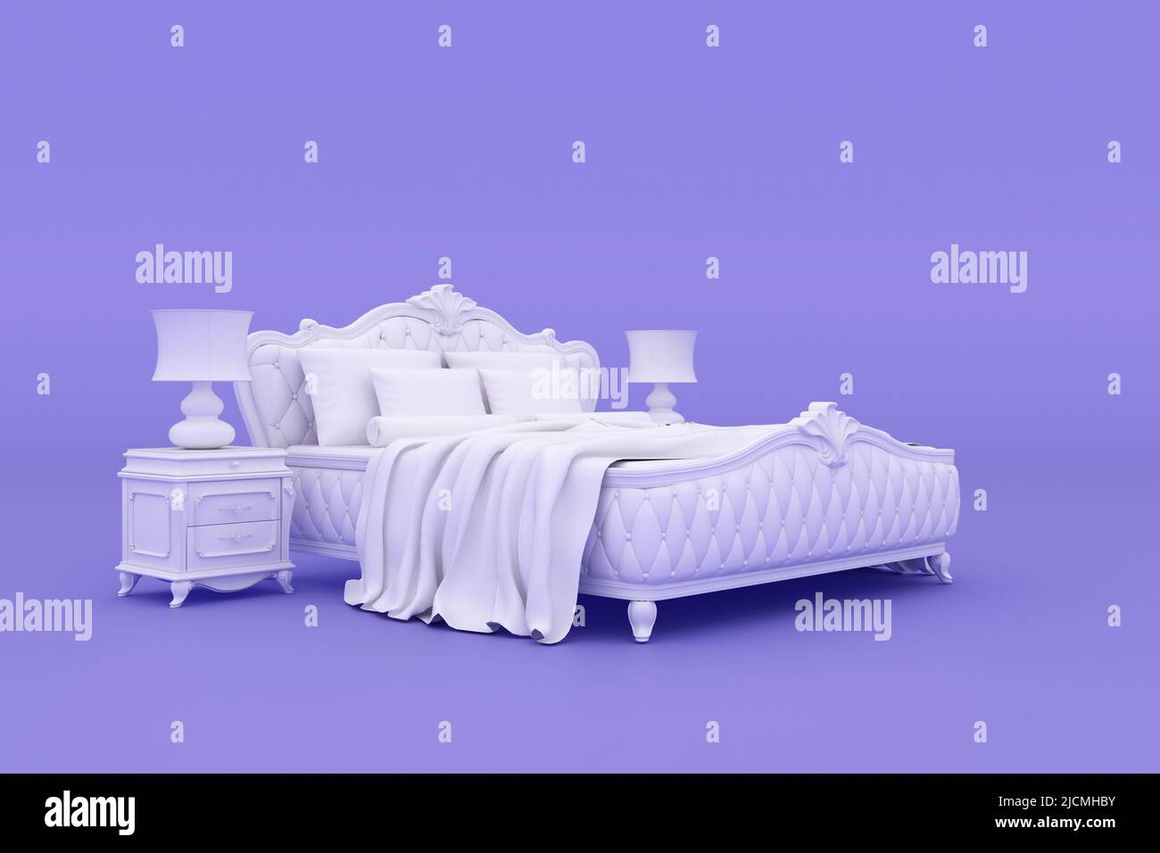 White bed mockup on solid purple background, 3D rendering. Stock Photo