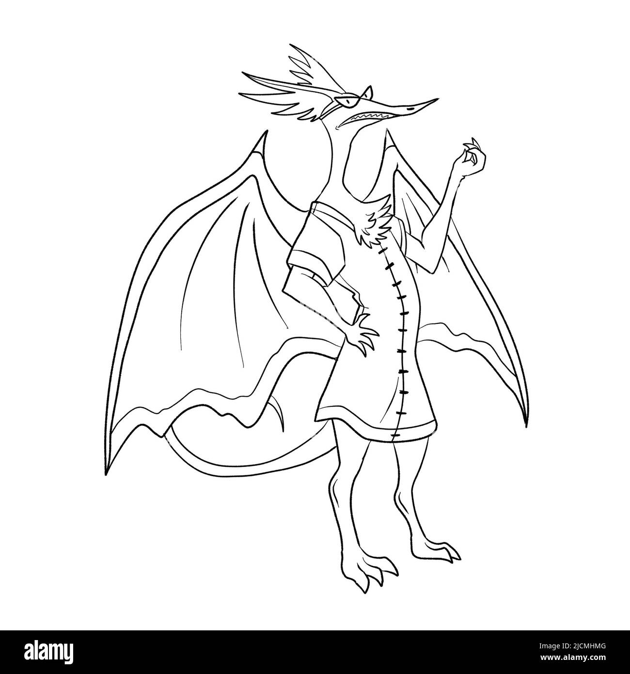 Black and white coloring page ink illustration of a dragon Stock Photo