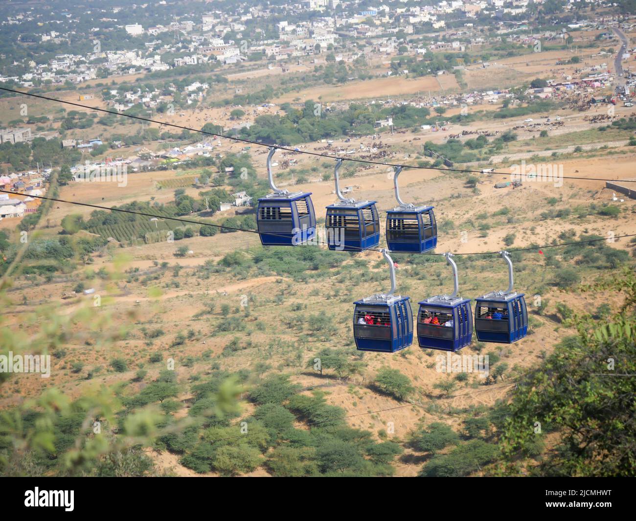 Ropeway or cable car for mountain temple pilgrims in Pushkar, Rajasthan ...