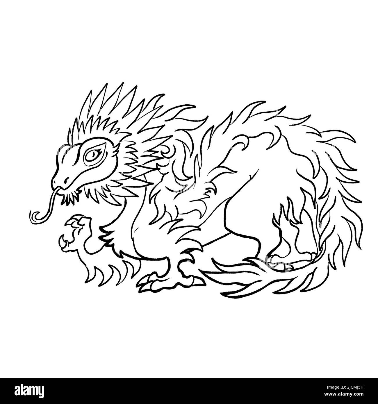 Black and white coloring page ink illustration of a dragon Stock Photo