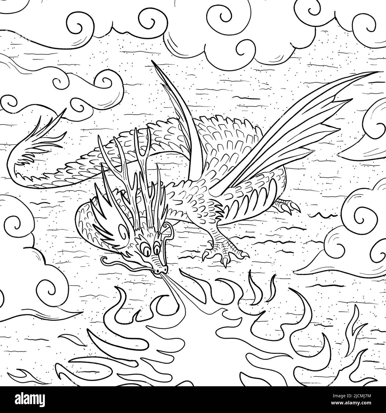 Black and white coloring page ink illustration of a dragon Stock Photo ...