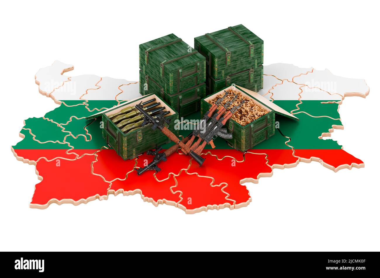 Bulgarian map with weapons. Military supplies in Bulgaria, concept. 3D ...