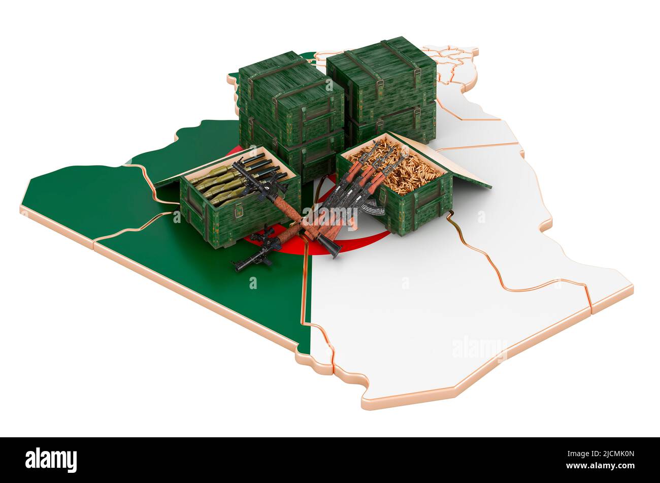 Algerian map with weapons. Military supplies in Algeria, concept. 3D rendering isolated on white background Stock Photo