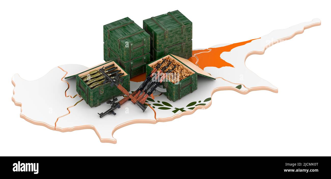 Cypriot map with weapons. Military supplies in Cyprus, concept. 3D