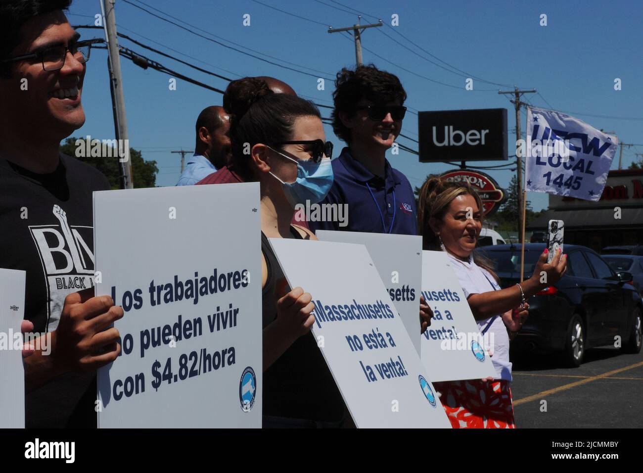 Drivers protest Uber's elimination of fuel surcharges for drivers amid high gas prices, in Saugus, Massachusetts, U.S. June 14, 2022. REUTERS/Brian Snyder Stock Photo