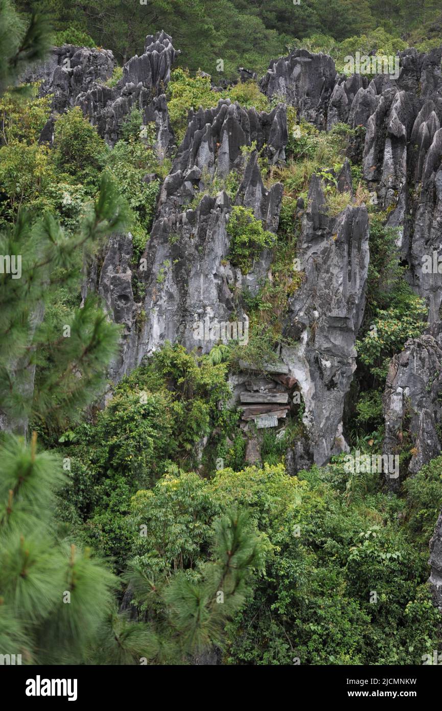 Mountain Province, Philippines: Sagada Hanging Coffins tied to a rugged cliff in Echo Valley, from afar. High placement signifies prominence. Stock Photo