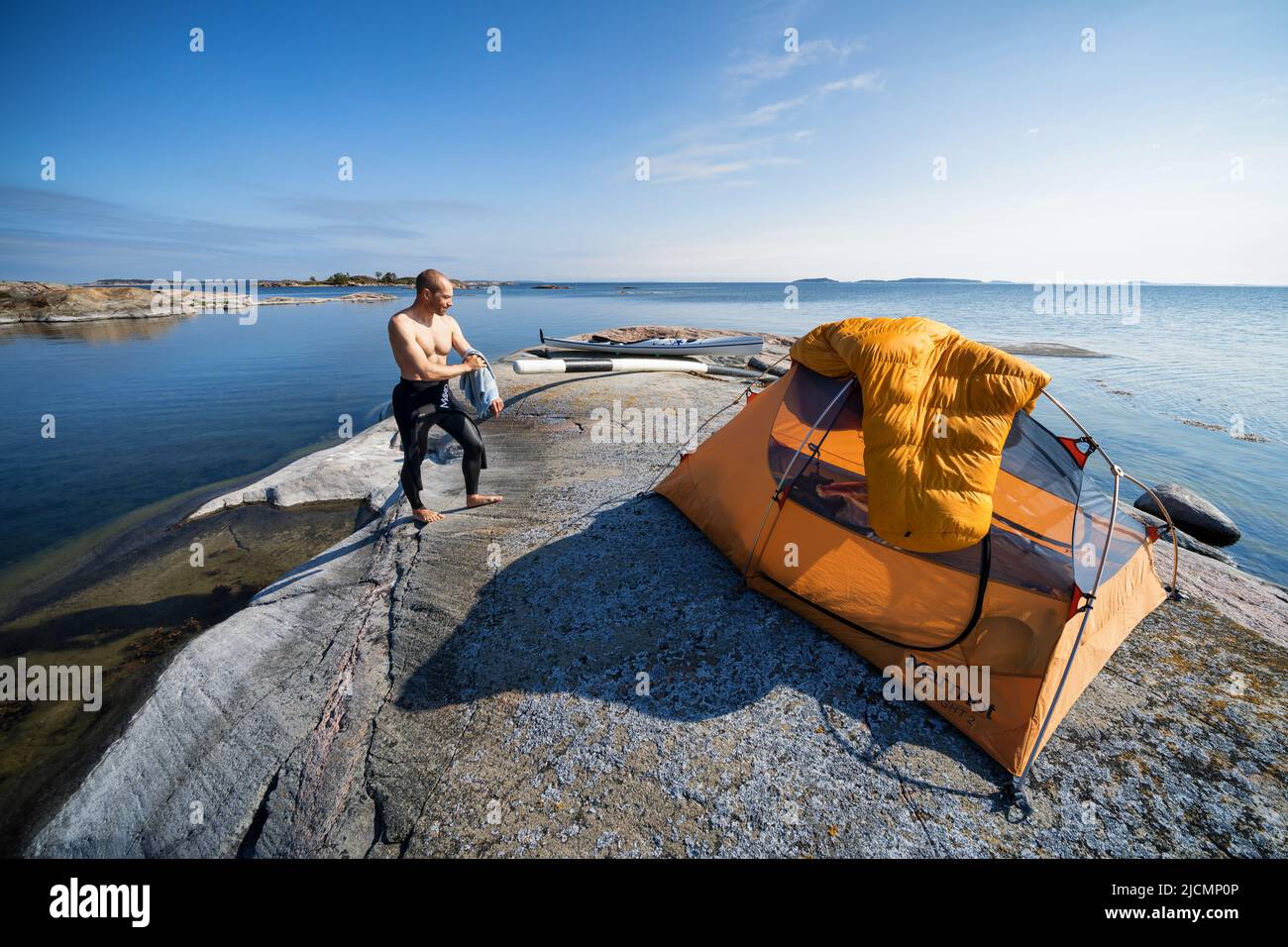 Getting ready for open water swimming at Skagsgadden island, Parainen, Finland Stock Photo
