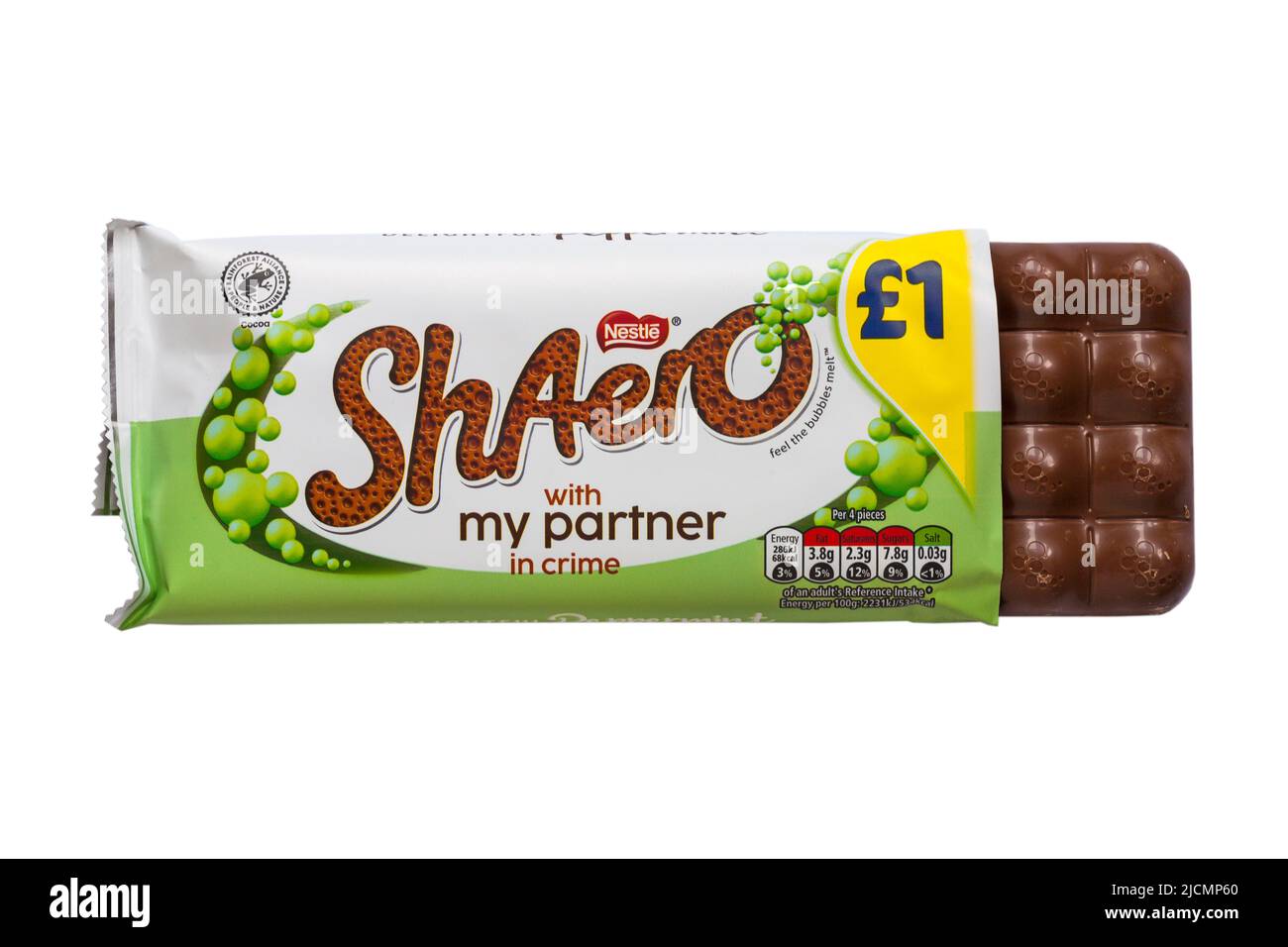 bar of Nestle Peppermint aero chocolate bar ShAero with my partner in crime opened to show contents on white background - delightful peppermint Stock Photo