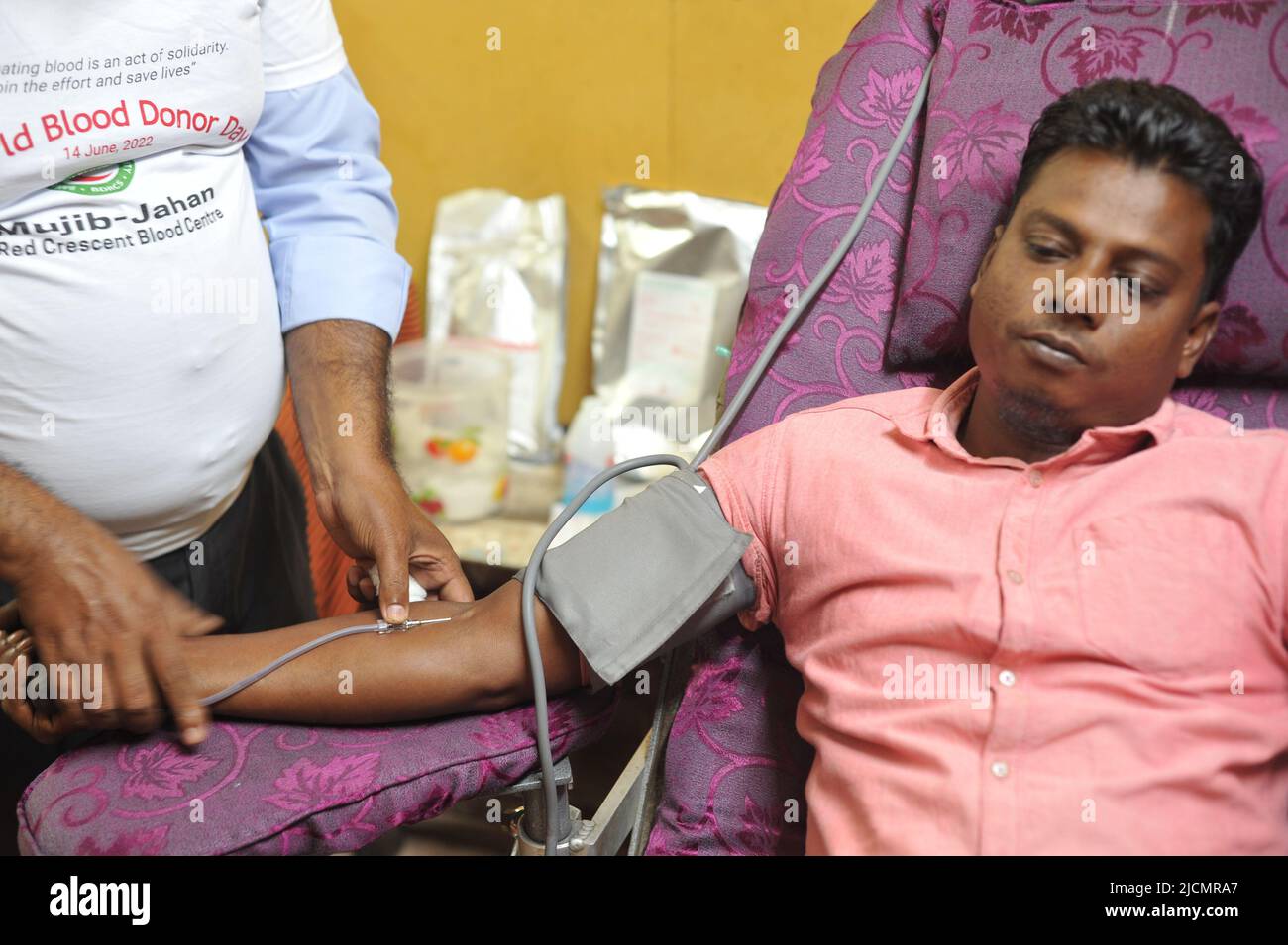 14 June 2022 Sylhet, Bangladesh: A blood donar dotaing blood during on the day of World Blood Donar Day 2022. Stock Photo