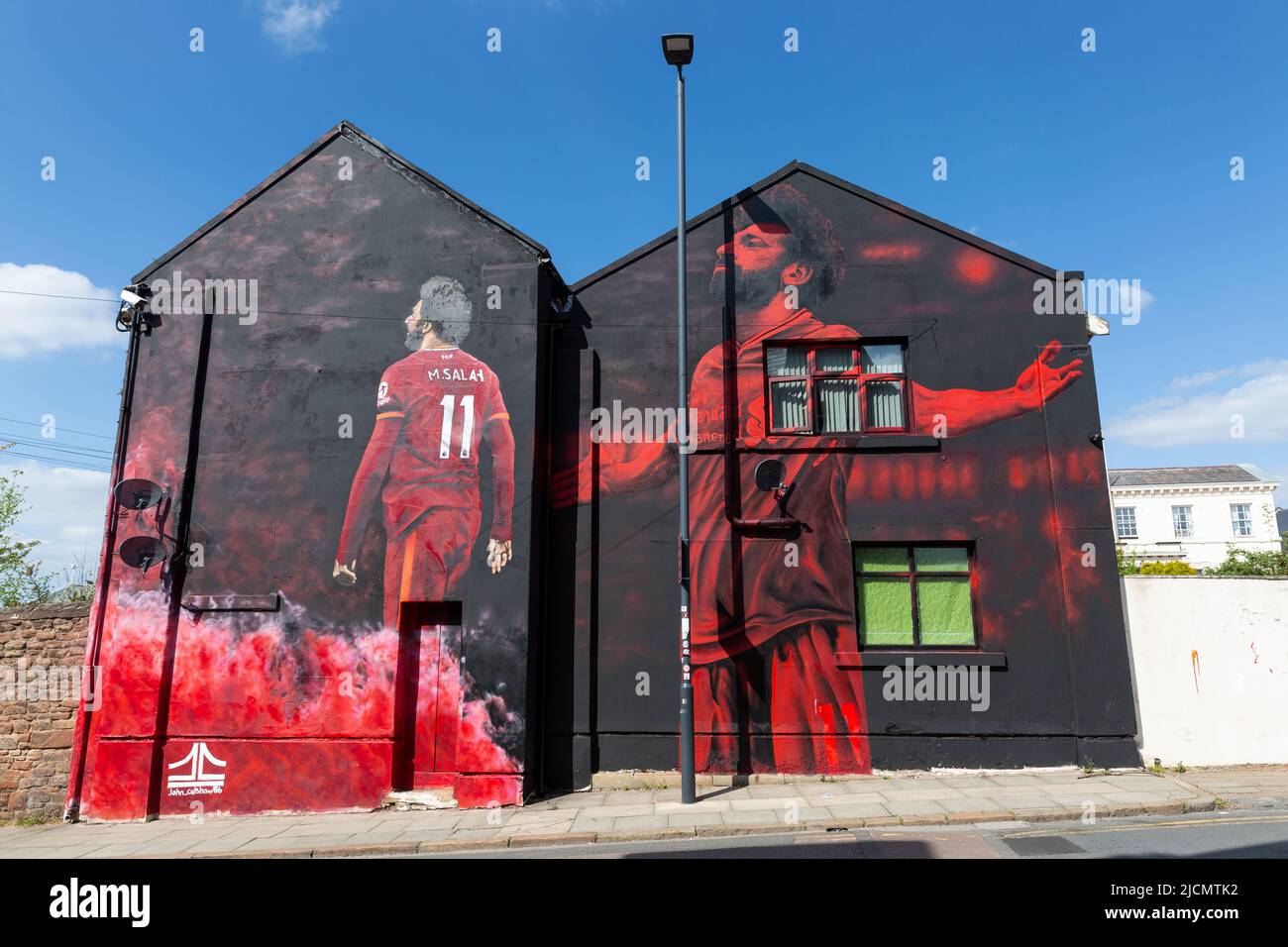 Mural of Mo Salah, Liverpool street art, Anfield Road, Liverpool, England, UK Stock Photo