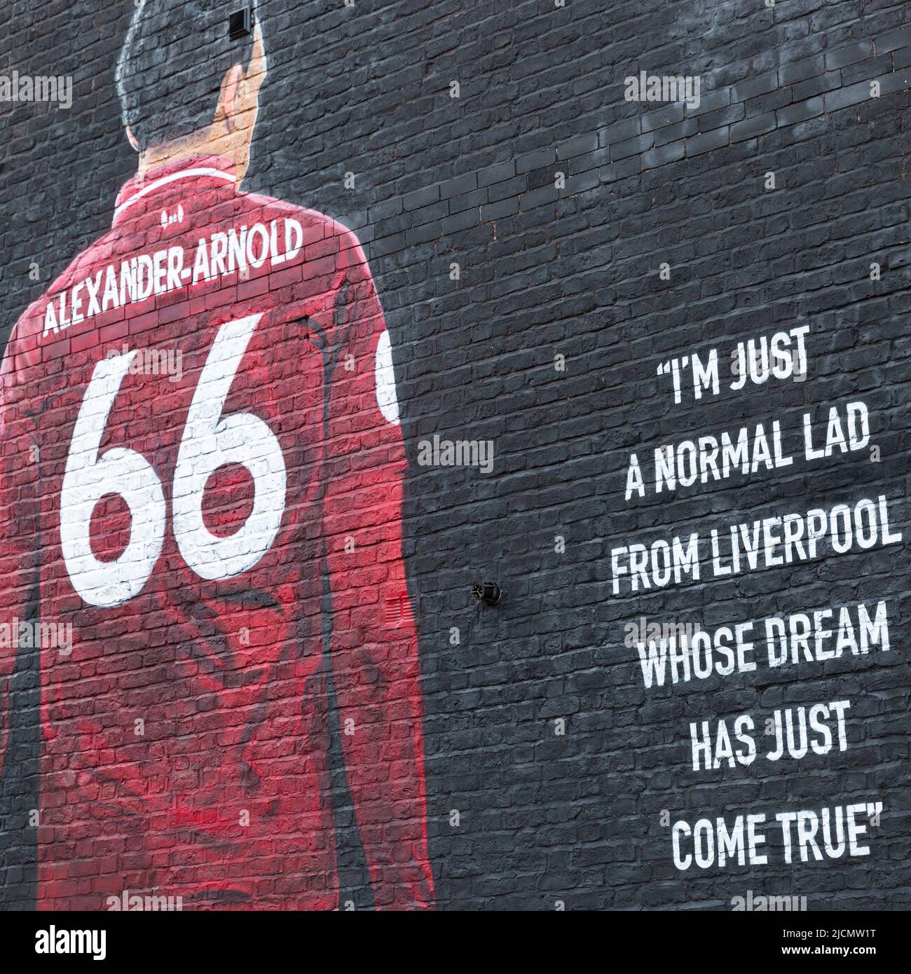 Trent Alexander-Arnold mural, Liverpool FC street art, Anfield, Liverpool, England, UK Stock Photo