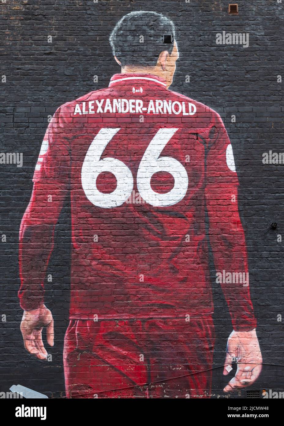 Trent Alexander-Arnold mural, Liverpool FC street art, Anfield, Liverpool, England, UK Stock Photo