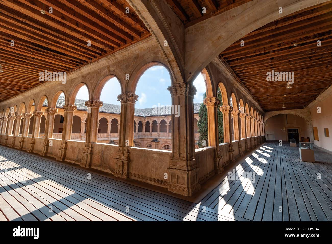 Salamanca - September 10, 2017: Wooden upper cloister of the Saint Esteban convent in Salamanca, Castile and Leon, Spain Stock Photo