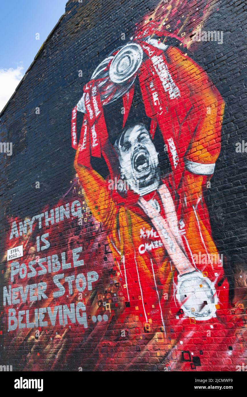 Mural of Jordan Henderson holding Premier League trophy, Liverpool FC street art, Sybil Road, Anfield, Liverpool, England, UK Stock Photo