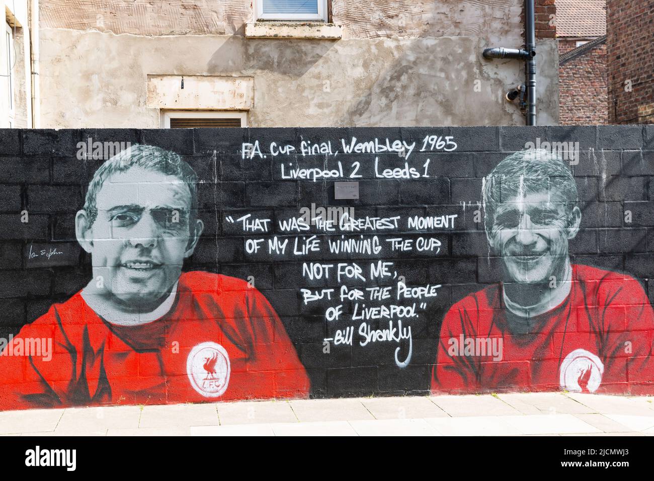 Mural of Ian St John and Roger Hunt, Liverpool FC street art, Sybil Road, Anfield, Liverpool, England, UK Stock Photo
