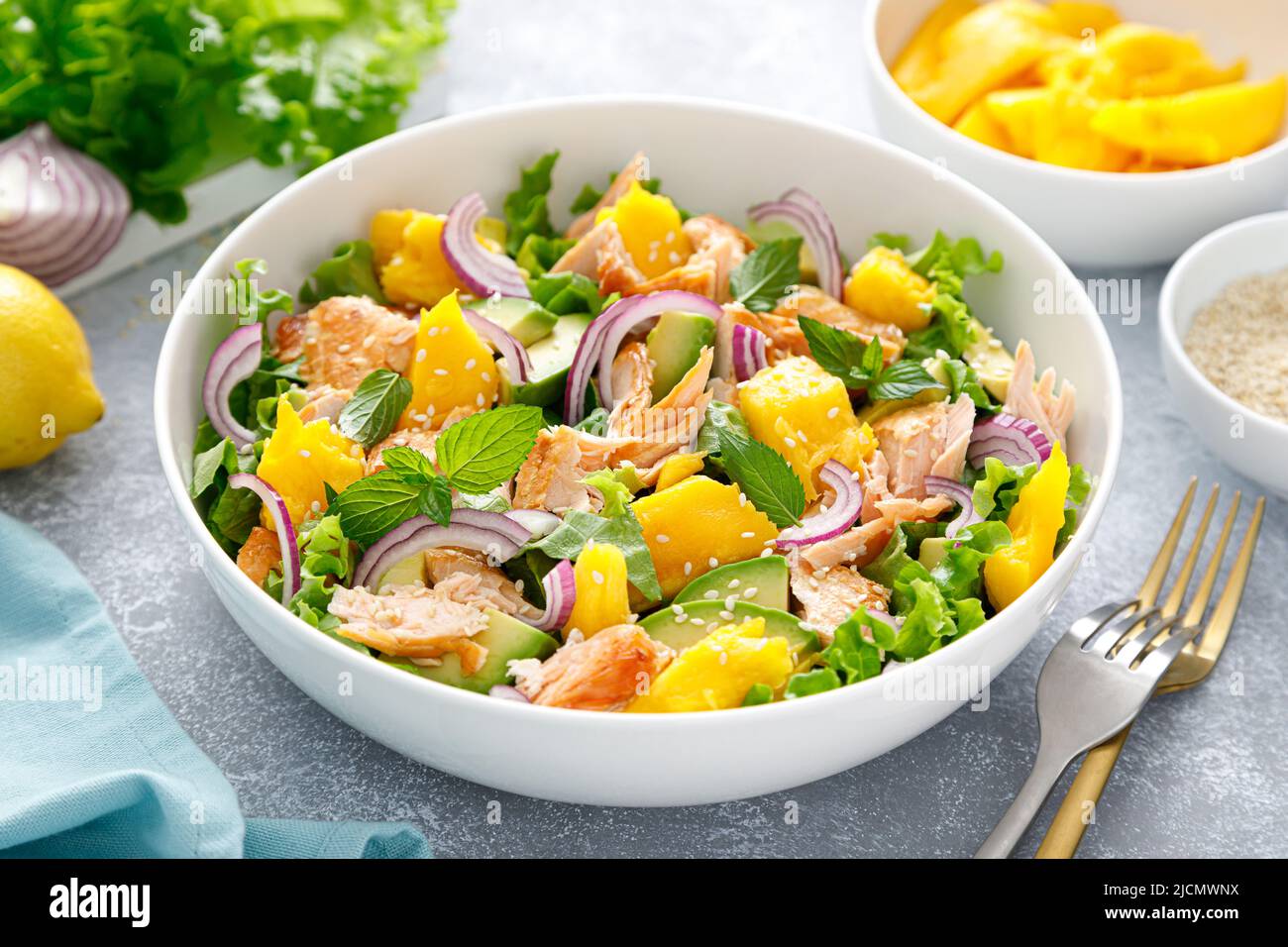 Grilled salmon and <b>mango</b> salad with <b>avocado</b> and fresh green lettuce Stock P...