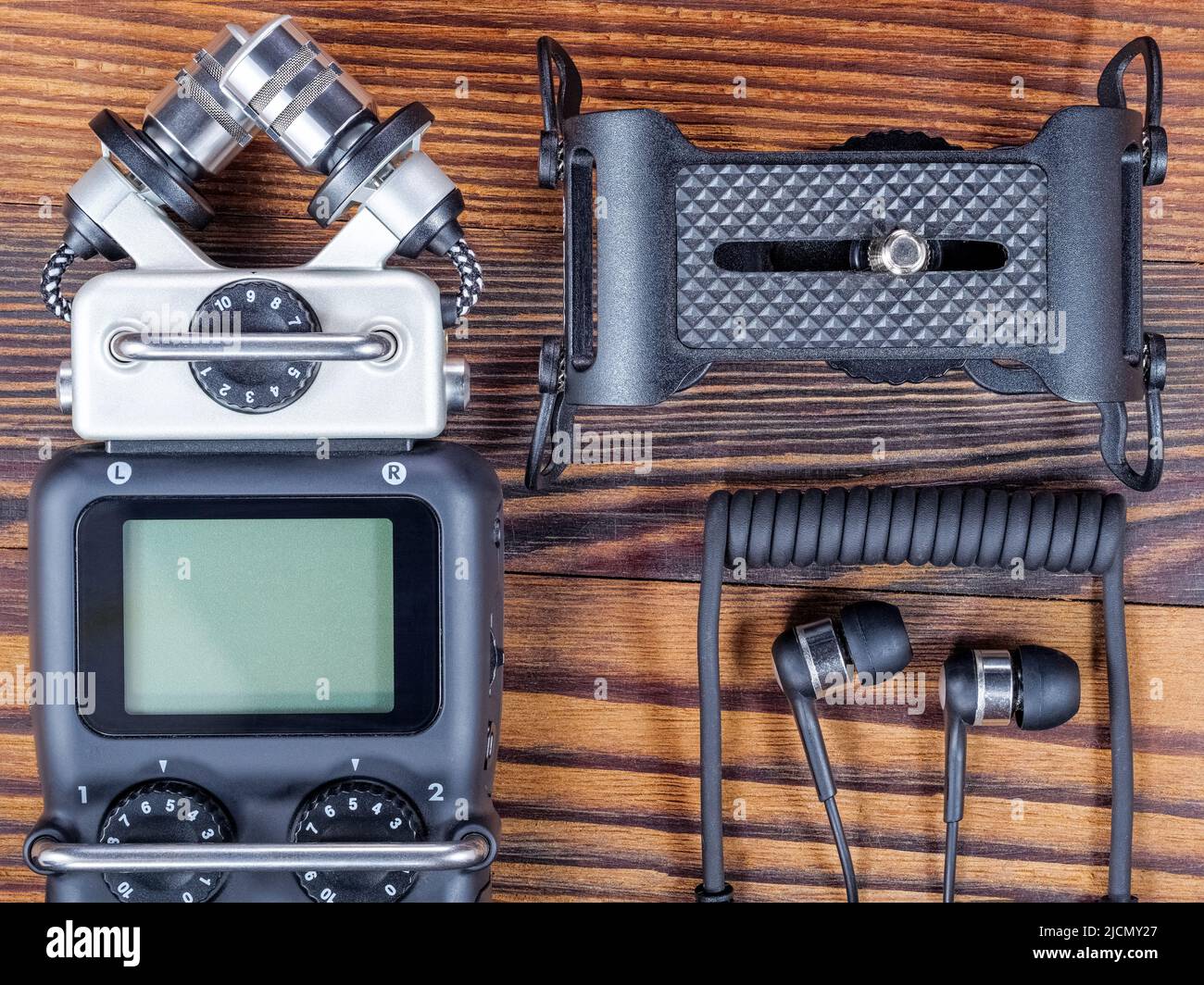 Sound recording accessory set on wooden board Stock Photo