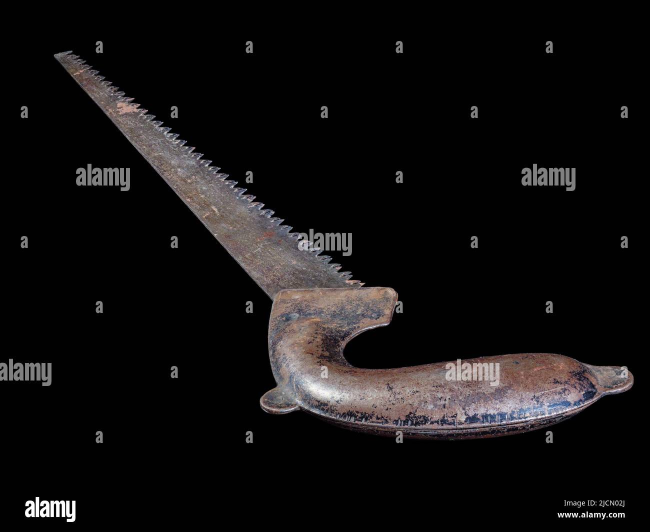 Used rusty hand saw isolated on black background Stock Photo