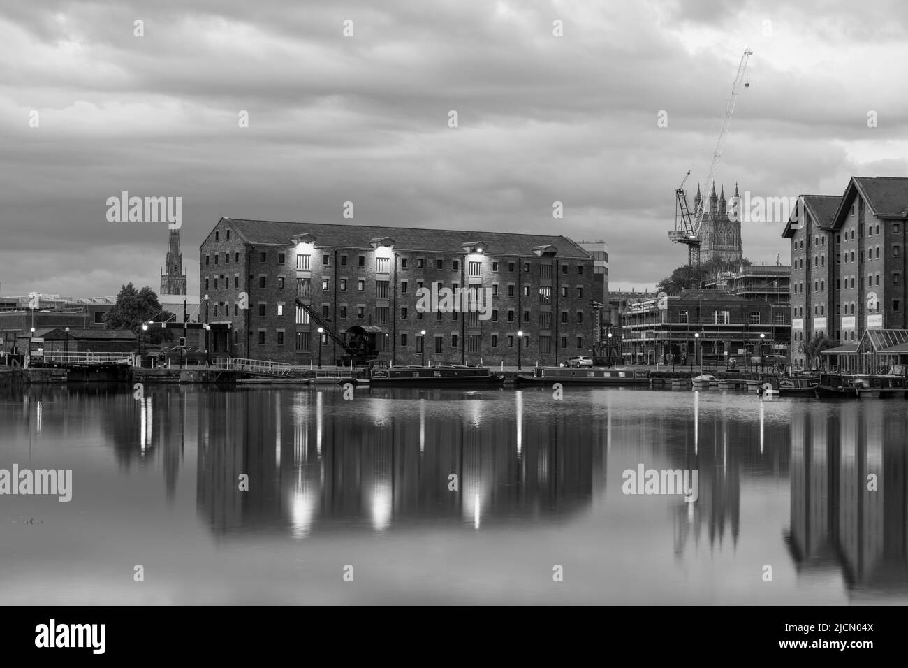 View of the North quay Gloucester docks at dusk Stock Photo