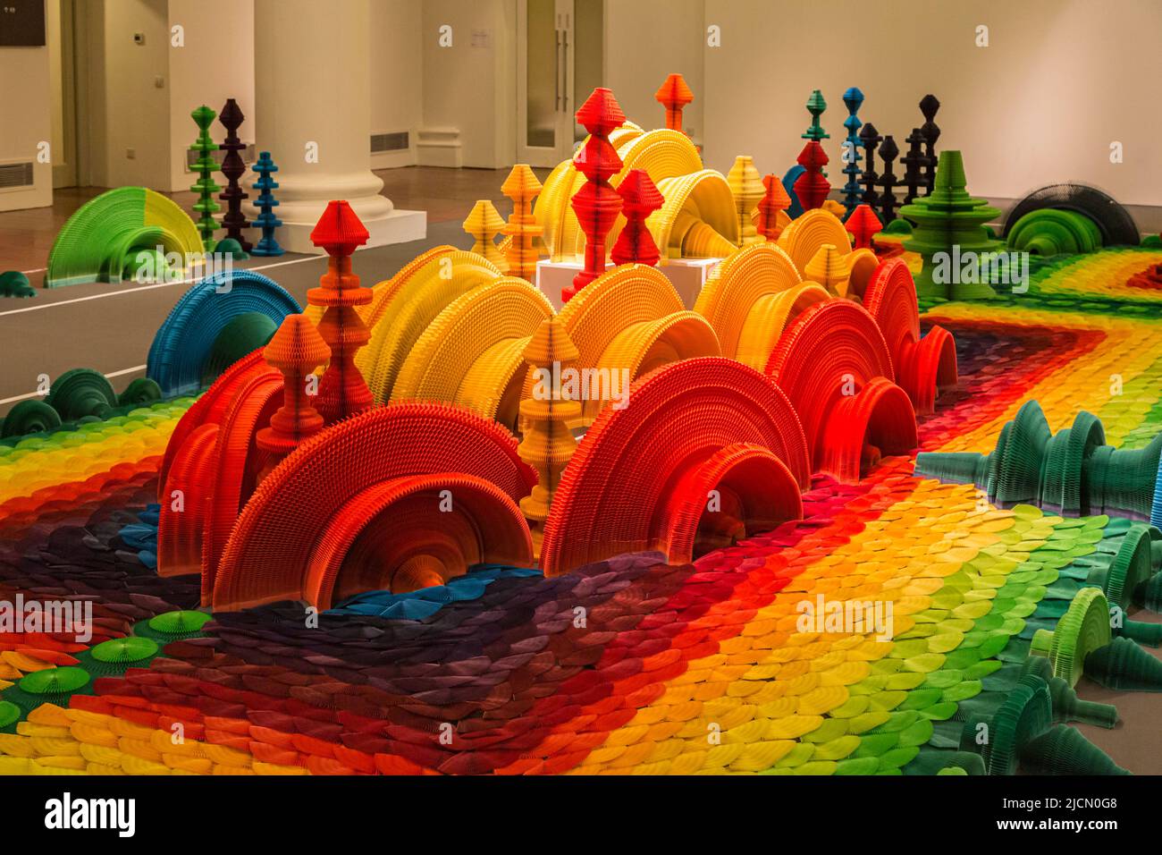 Ocean of Flowers by Chinese artist Li Hongbo, born 1974.   The sculpture is made entirely of paper.  When flattened, the flowers become weapons and bu Stock Photo