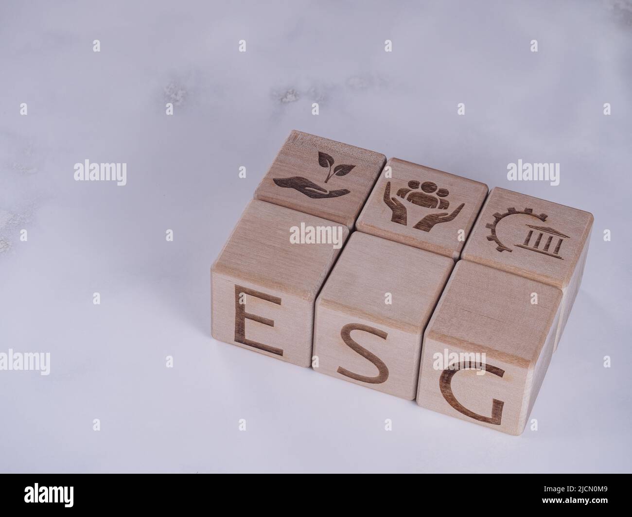 Word ESG on wood cube to using renewable resource to reduce pollution Stock Photo