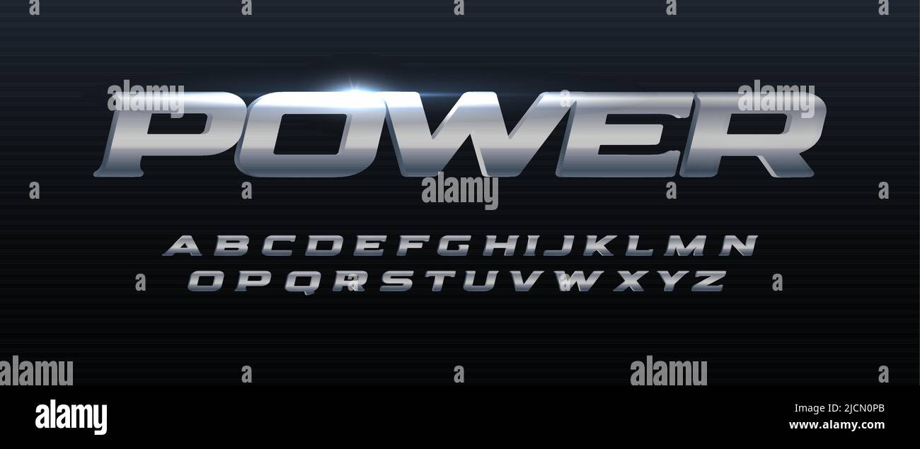 Power font iron alphabet. Metal logo typography. Steel typographic design. Wide bold italic letters for speed logo, race headline, automotive monogram Stock Vector