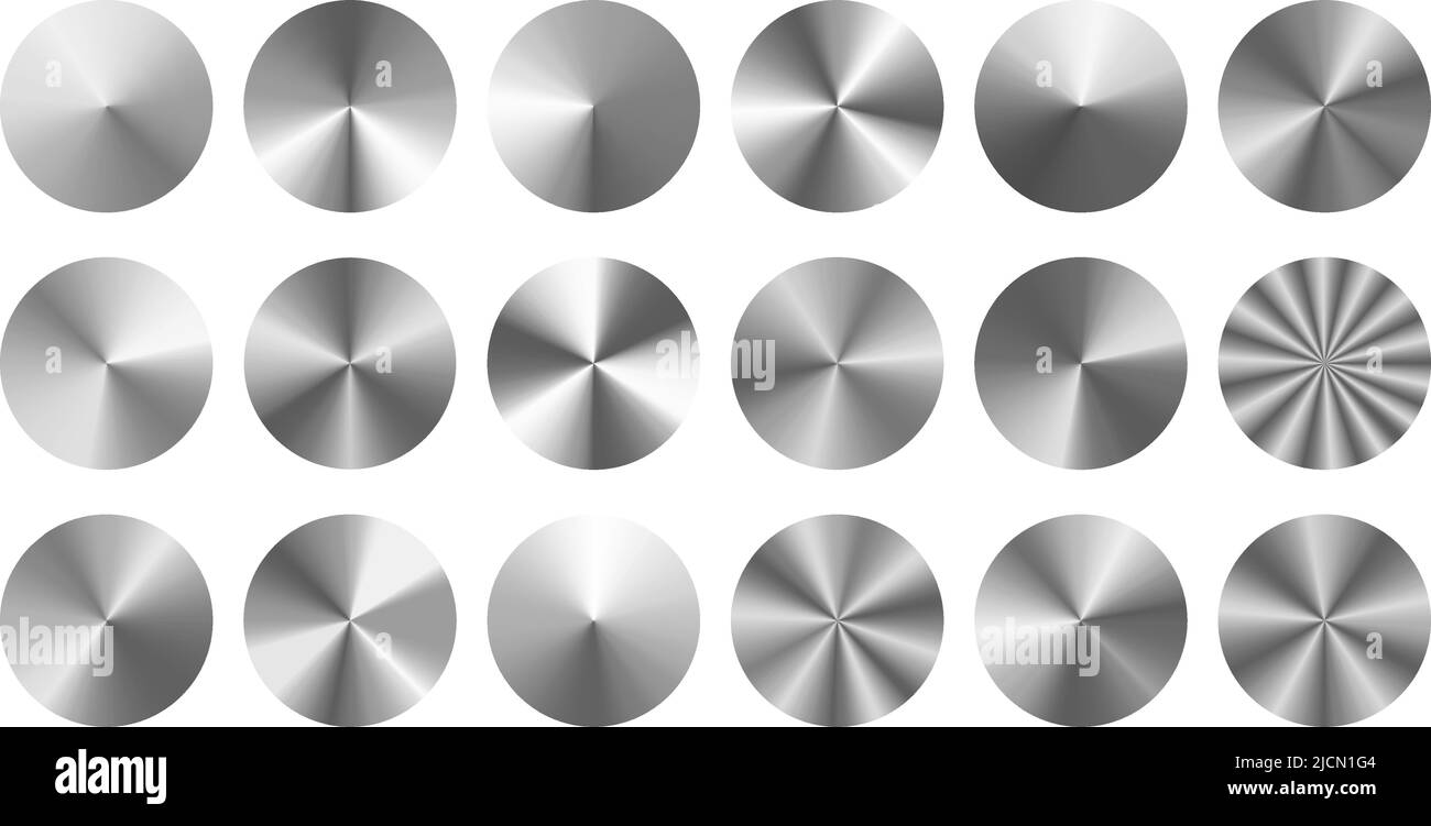 Conical metal gradients. Radial metallic knob, silver disc and brushed steel circles vector set Stock Vector