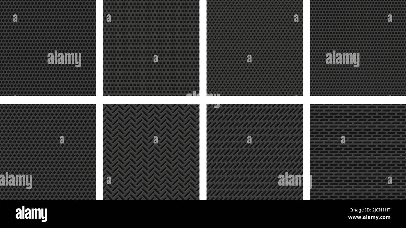Perforated metal texture. Black metallic grid, dark steel plate with dot holes perforation pattern vector background set Stock Vector