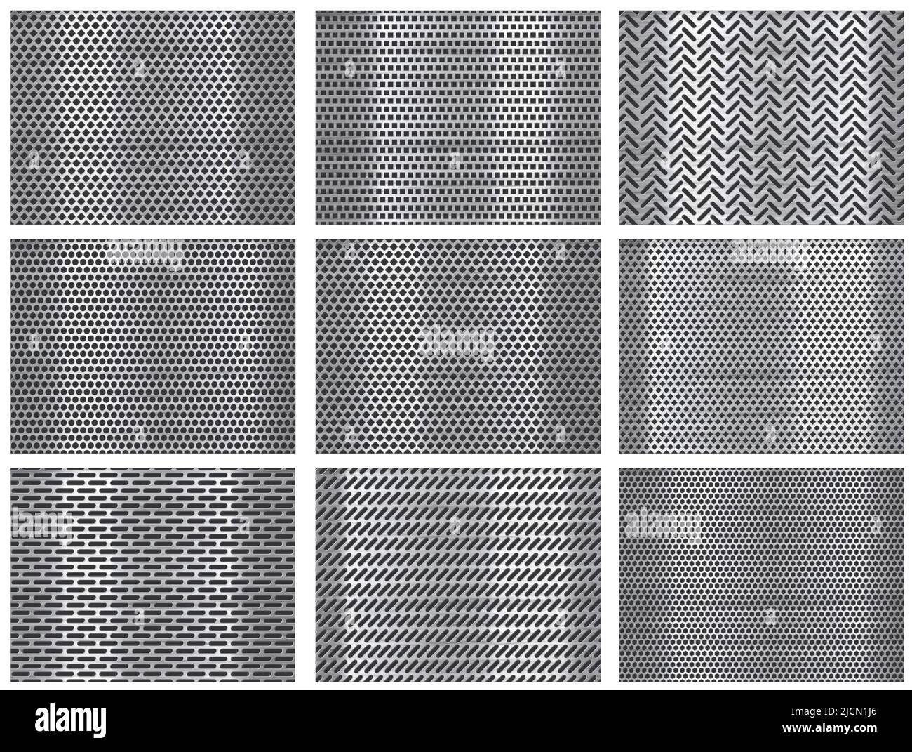 Perforated steel. Grill texture, stainless steel plate with perforation holes and metallic grid background vector set Stock Vector