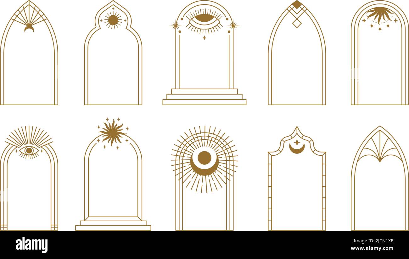 Boho arch frame collection. Bohemian line art frames with sun rays, all seeing eye and moon arches, simple geometric design elements vector set Stock Vector