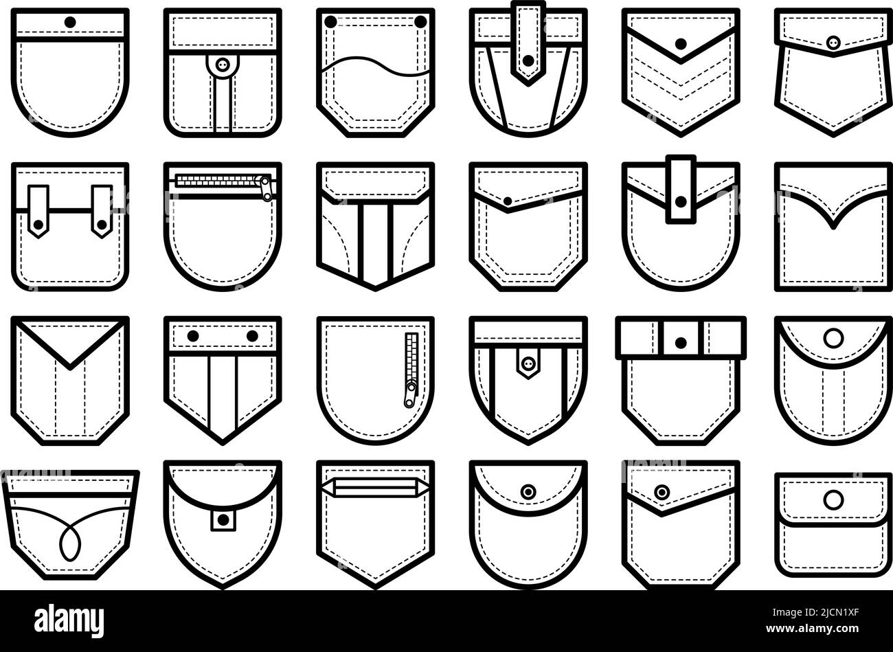 Patch pocket. Shirt and pants clothes pockets patches with buttons and zip lines. Isolated white vector set Stock Vector
