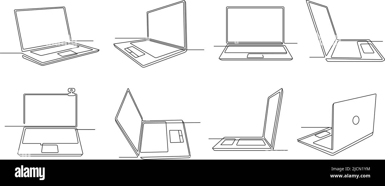 One line laptop. Notebook computer gadget with empty screen, keyboard