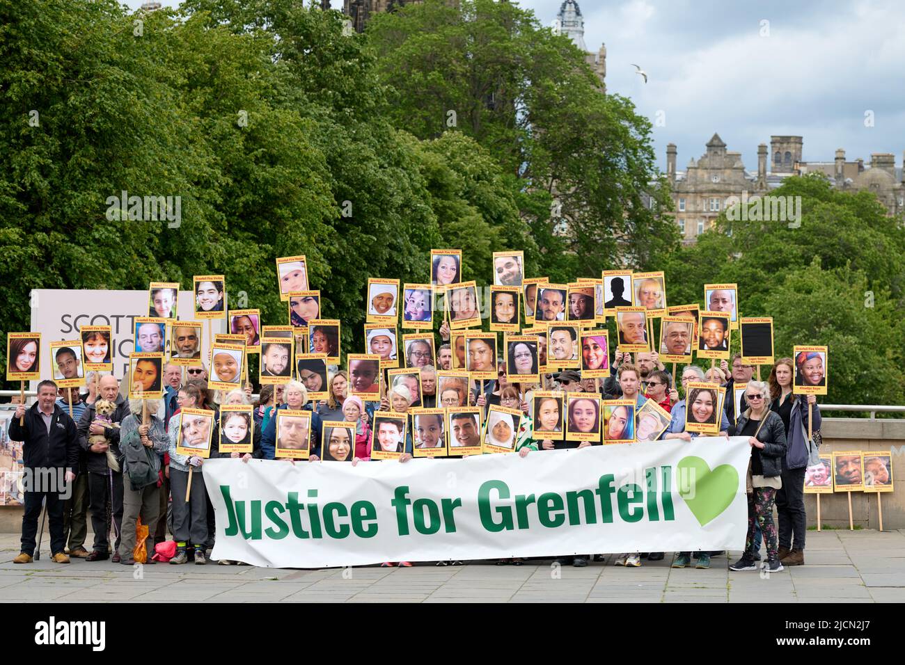 Edinburgh Scotland, UK June 14 2022. Justice for Grenfell vigil to commemorate the fifth anniversary of the  tragedy is held on the Mound. credit sst/alamy live news Stock Photo