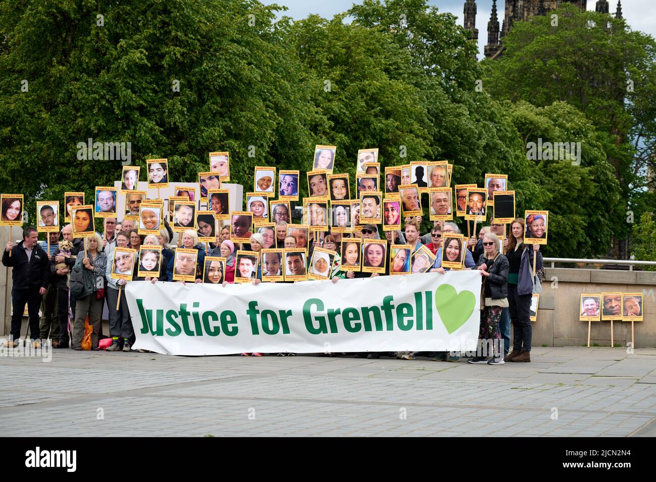 Edinburgh Scotland, UK June 14 2022. Justice for Grenfell vigil to commemorate the fifth anniversary of the  tragedy is held on the Mound. credit sst/alamy live news Stock Photo