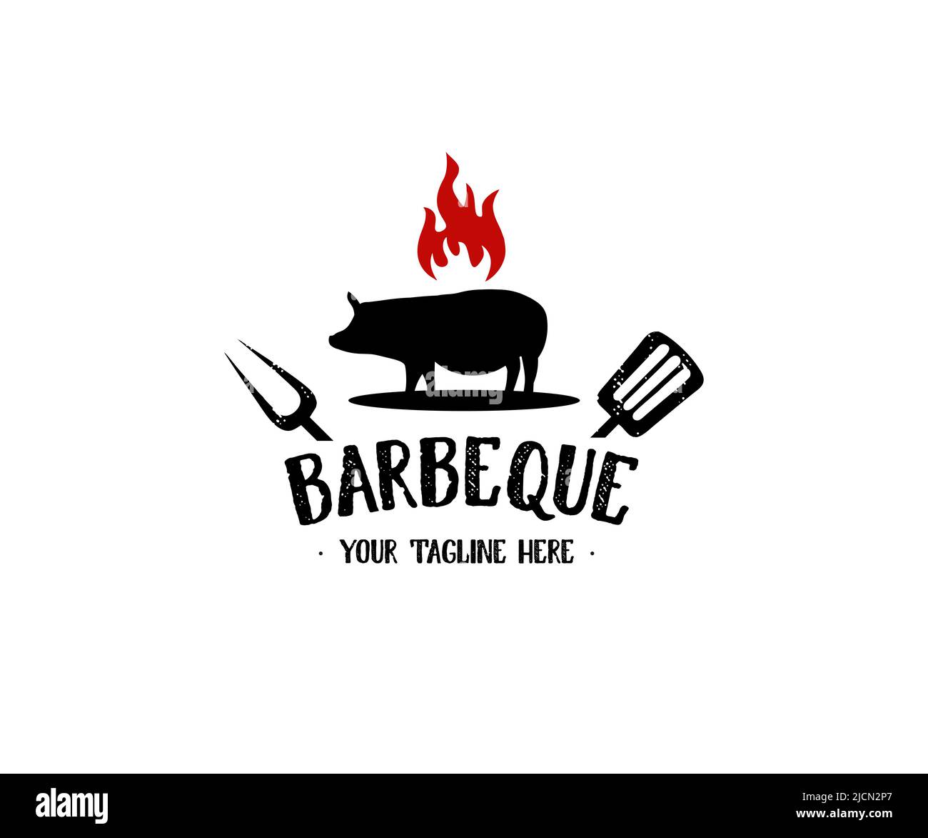 Barbeque BBQ logo invitation with pig pork and crossed spatula fork, hipster style logo design. With realistic ribbon and fire flame element vector. Stock Vector