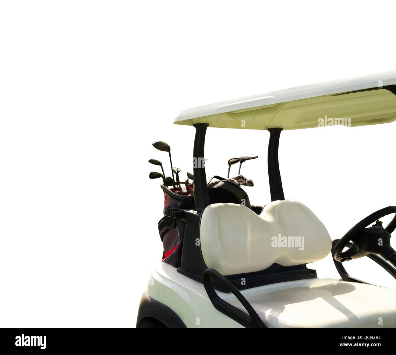 Golf cart with golf bag and clubs isolated on a white background Stock Photo