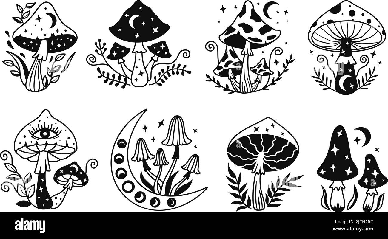 Celestial mushroom. Hand drawn mystical magic mushrooms with moon and stars, sakral psychedelic trip vector illustration set Stock Vector