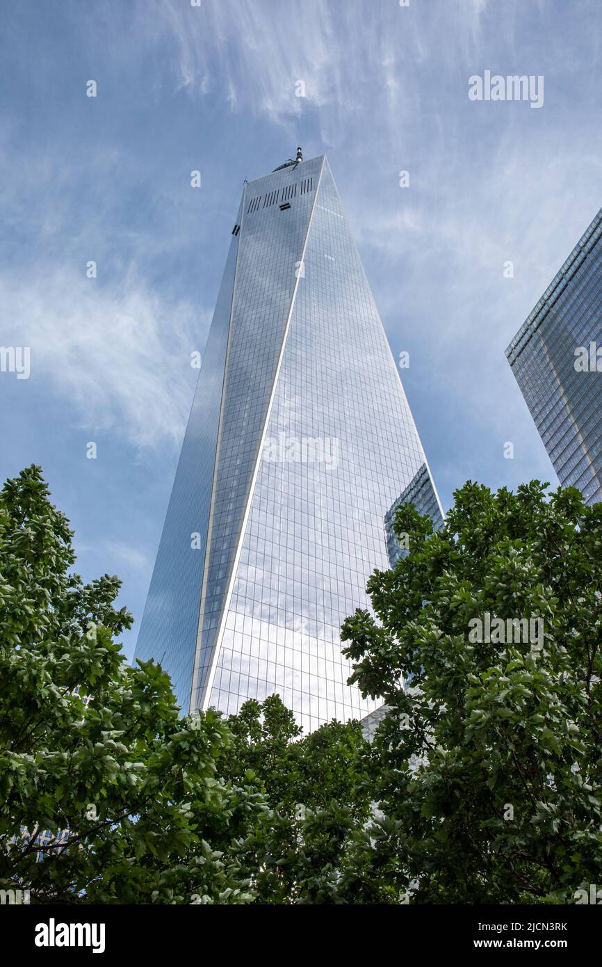 Low angle view of One World Trade Center against sky in Lower Manhattan, New York City, United States of America Stock Photo