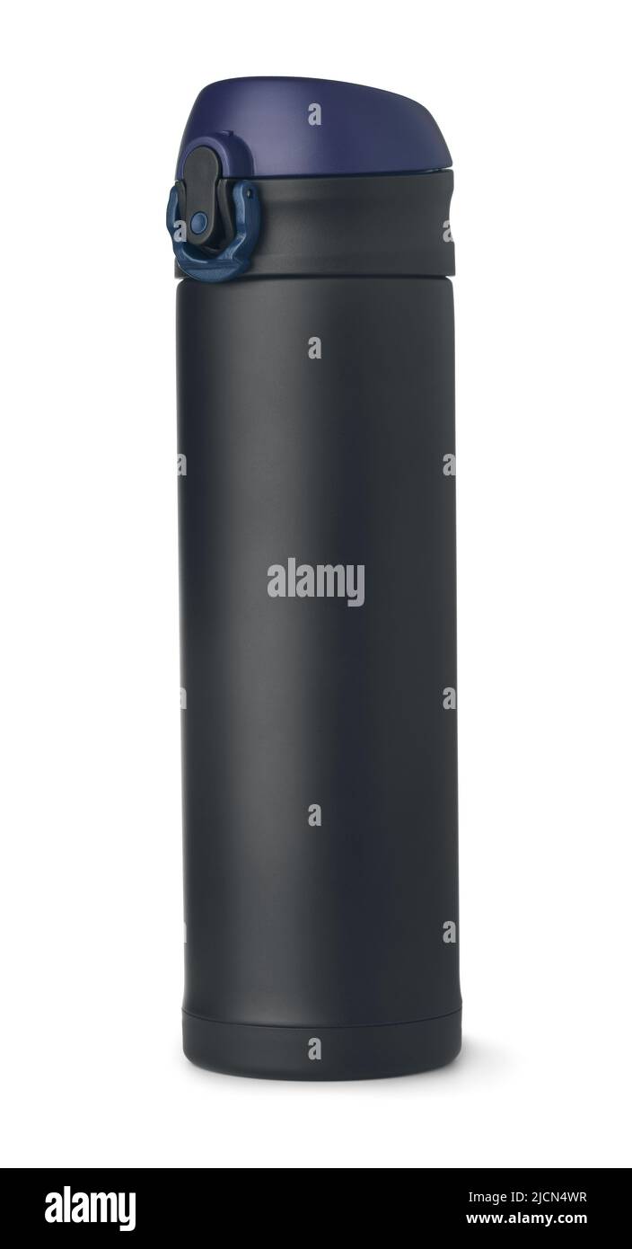 Front view of black thermos flask isolated on white Stock Photo