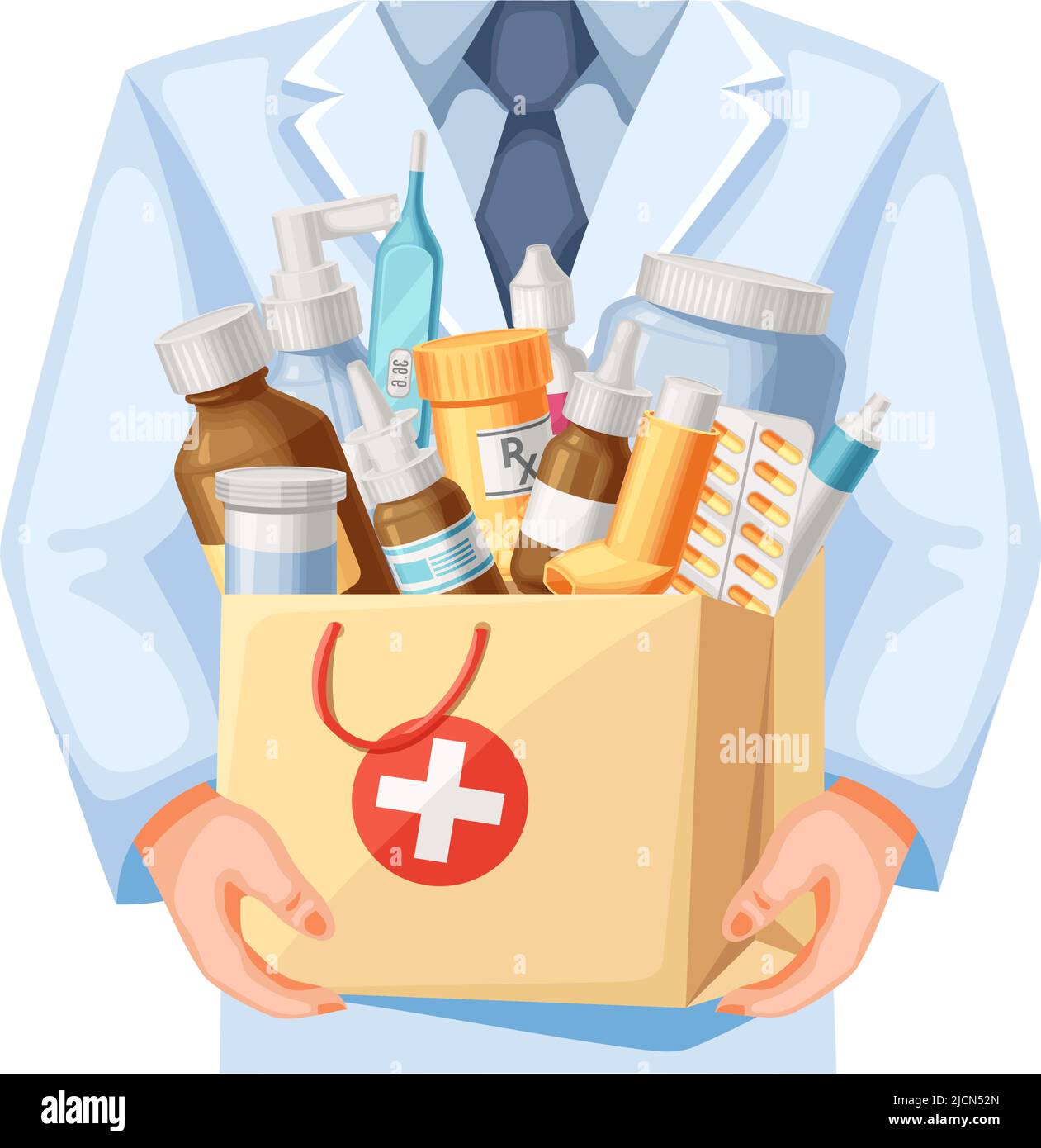 Bag full of medicines. Pharmacist holding medical supplies, medications