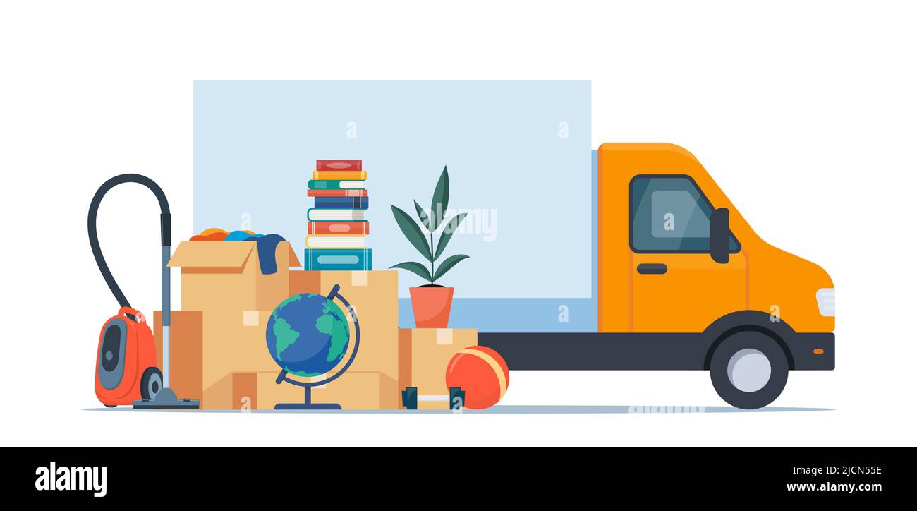 Truck and household items. Moving to new house. Relocated to new home. Boxes with goods. Package