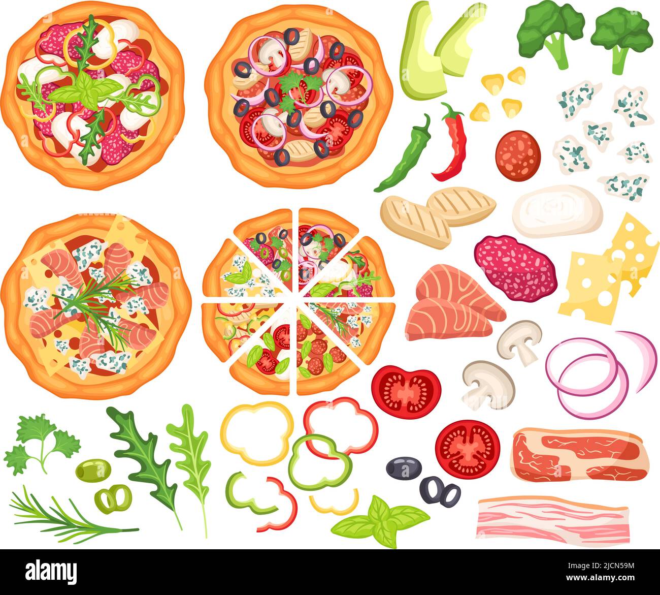 Pizza designer. Ingredients for cooking, sliced vegetables and top view